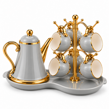 Luxury Gray & Gold 7-Piece Tea Set with Teapot, 6 Hanging Cups, Gold Stand & Serving Tray