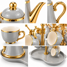 Luxury Gray & Gold 7-Piece Tea Set with Teapot, 6 Hanging Cups, Gold Stand & Serving Tray