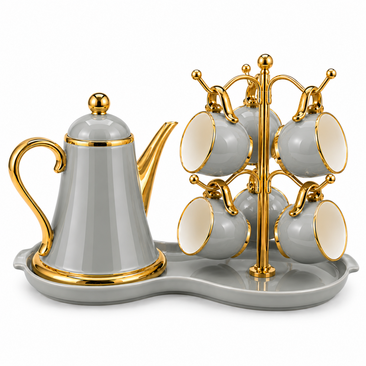 Luxury Gray & Gold 7-Piece Tea Set with Teapot, 6 Hanging Cups, Gold Stand & Serving Tray
