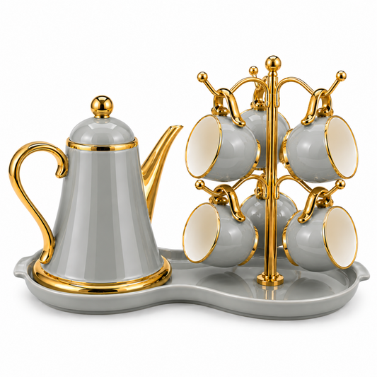 Luxury Gray & Gold 7-Piece Tea Set with Teapot, 6 Hanging Cups, Gold Stand & Serving Tray
