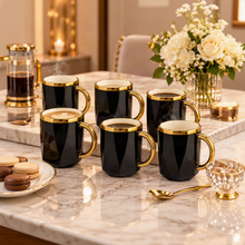 Elegant Black Geometric Mug Set with Statement Gold-Tone Handles & Rims – 6 Piece Set