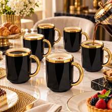 Elegant Black Geometric Mug Set with Statement Gold-Tone Handles & Rims – 6 Piece Set