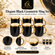 Elegant Black Geometric Mug Set with Statement Gold-Tone Handles & Rims – 6 Piece Set