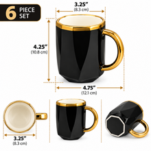 Elegant Black Geometric Mug Set with Statement Gold-Tone Handles & Rims – 6 Piece Set