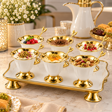 Luxury White & Gold 6-Piece Pedestal Dessert Bowl Set with Decorative Spoons & Raised Serving Tray