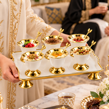 Luxury White & Gold 6-Piece Pedestal Dessert Bowl Set with Decorative Spoons & Raised Serving Tray