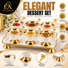 Luxury White & Gold 6-Piece Pedestal Dessert Bowl Set with Decorative Spoons & Raised Serving Tray