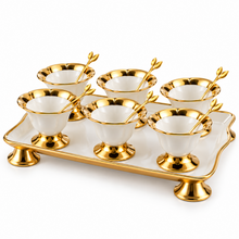 Luxury White & Gold 6-Piece Pedestal Dessert Bowl Set with Decorative Spoons & Raised Serving Tray