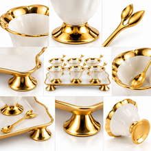 Luxury White & Gold 6-Piece Pedestal Dessert Bowl Set with Decorative Spoons & Raised Serving Tray