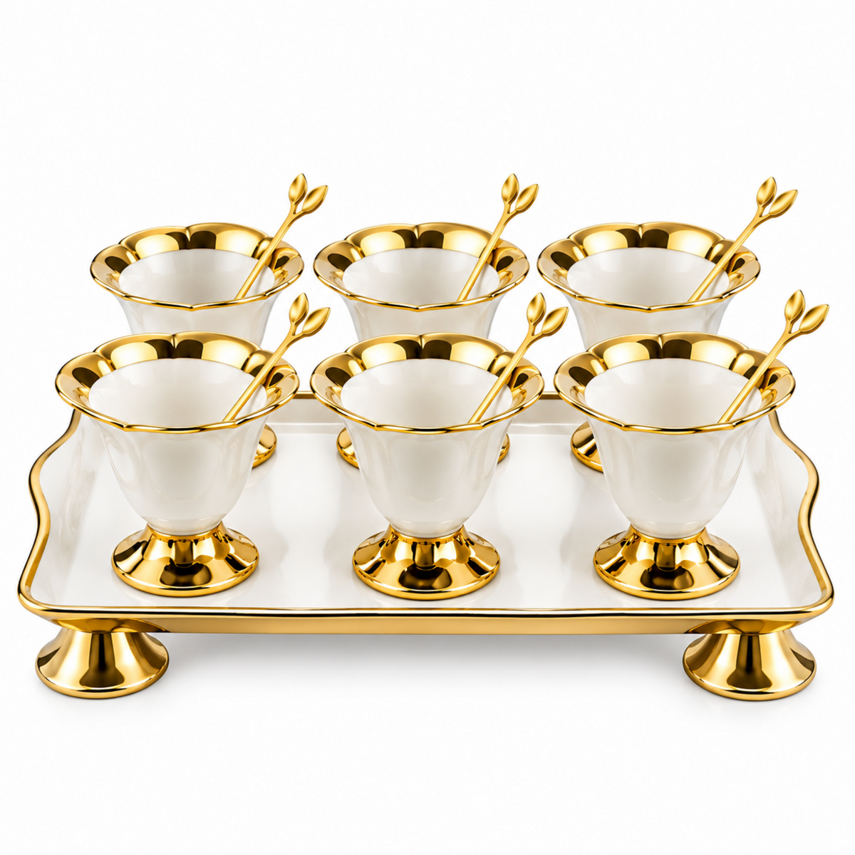 Luxury White & Gold 6-Piece Pedestal Dessert Bowl Set with Decorative Spoons & Raised Serving Tray