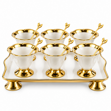 Luxury White & Gold 6-Piece Pedestal Dessert Bowl Set with Decorative Spoons & Raised Serving Tray