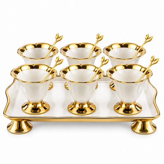 Luxury White & Gold 6-Piece Pedestal Dessert Bowl Set with Decorative Spoons & Raised Serving Tray