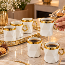 Premium 6-Piece Cream Mug Set with Polished Gold-Tone Trim & Geometric Handles