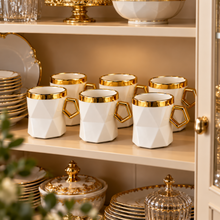 Premium 6-Piece Cream Mug Set with Polished Gold-Tone Trim & Geometric Handles