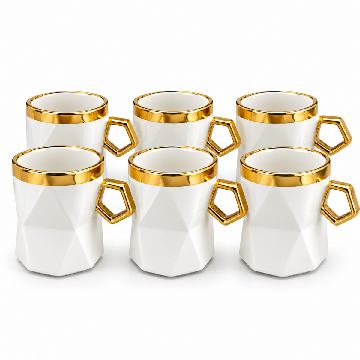 Premium 6-Piece Cream Mug Set with Polished Gold-Tone Trim & Geometric Handles