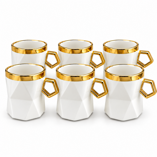 Premium 6-Piece Cream Mug Set with Polished Gold-Tone Trim & Geometric Handles