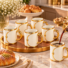 Premium 6-Piece Cream & Gold Mug Set with Polished Gold Trim and Decorative Gold Handles