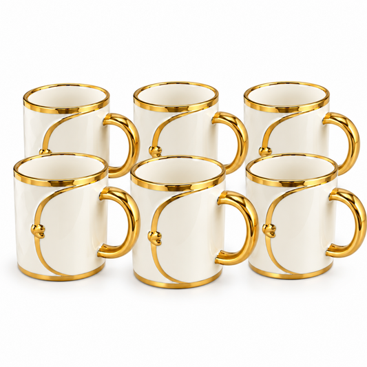 Premium 6-Piece Cream & Gold Mug Set with Polished Gold Trim and Decorative Gold Handles