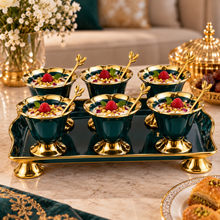 Luxury 6-Piece Emerald Green & Gold Pedestal Dessert Bowl Set with Spoons & Serving Tray