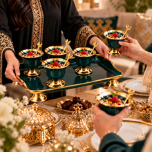 Luxury 6-Piece Emerald Green & Gold Pedestal Dessert Bowl Set with Spoons & Serving Tray