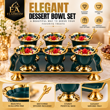 Luxury 6-Piece Emerald Green & Gold Pedestal Dessert Bowl Set with Spoons & Serving Tray