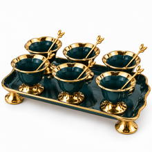 Luxury 6-Piece Emerald Green & Gold Pedestal Dessert Bowl Set with Spoons & Serving Tray