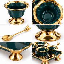 Luxury 6-Piece Emerald Green & Gold Pedestal Dessert Bowl Set with Spoons & Serving Tray