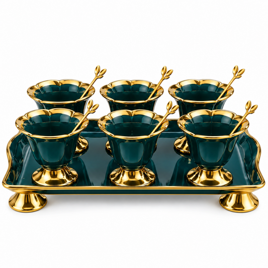 Luxury 6-Piece Emerald Green & Gold Pedestal Dessert Bowl Set with Spoons & Serving Tray