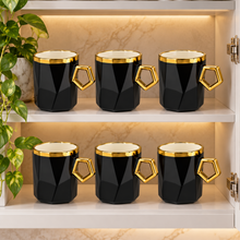 Elegant 6-Piece Black & Gold Faceted Coffee Mug Set with Geometric Handles