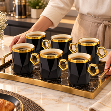 Elegant 6-Piece Black & Gold Faceted Coffee Mug Set with Geometric Handles