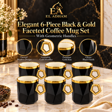 Elegant 6-Piece Black & Gold Faceted Coffee Mug Set with Geometric Handles