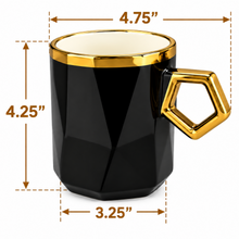 Elegant 6-Piece Black & Gold Faceted Coffee Mug Set with Geometric Handles
