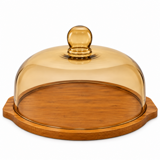XL Round Wooden Dessert Server with Amber-Tinted Dome Cover – Covered Cake & Pastry Serving Platter