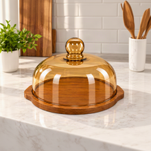 Large Round Wooden Dessert Server with Amber-Tinted Dome Cover – Covered Cake, Pastry & Dessert Display