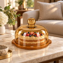 Large Round Wooden Dessert Server with Amber-Tinted Dome Cover – Covered Cake, Pastry & Dessert Display