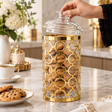 Luxury Large Clear Storage Canister with Gold Geometric Circle Design & Decorative Dome Lid