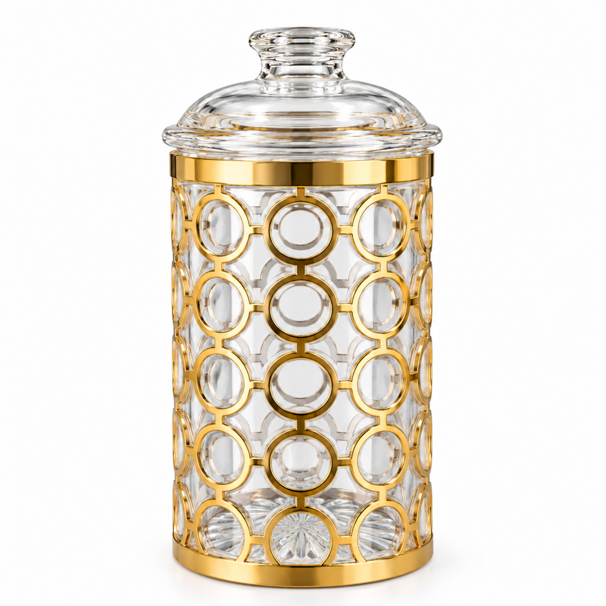 Luxury Large Clear Storage Canister with Gold Geometric Circle Design & Decorative Dome Lid