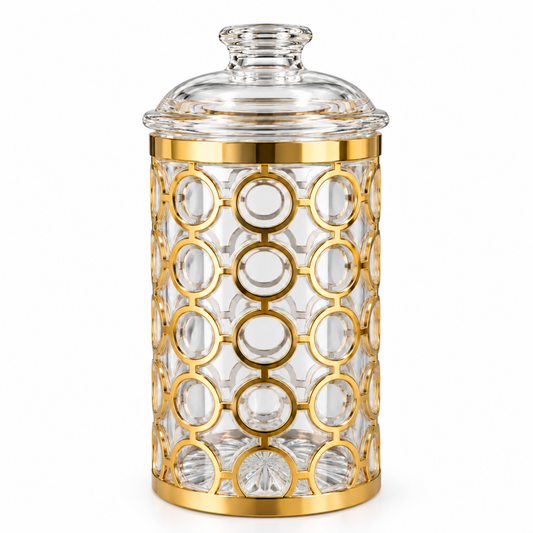 Luxury Large Clear Storage Canister with Gold Geometric Circle Design & Decorative Dome Lid