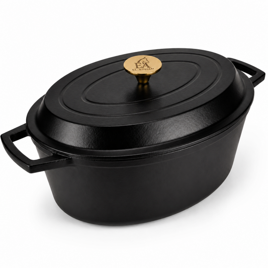 El Adham Enameled Oval Cast Iron Roaster Casserole Pan with Lid, 5L, Black, 14.25 Inch