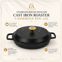 El Adham Enameled Round Shallow Cast Iron Roaster Casserole Pan with Lid, 4.5L, Black