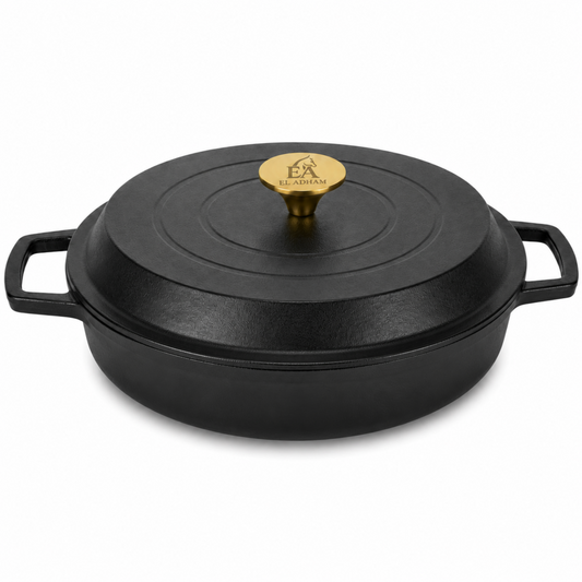 El Adham Enameled Round Shallow Cast Iron Roaster Casserole Pan with Lid, 4.5L, Black