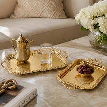2-Piece Luxury Gold Serving Tray Set with Floral Engraved Design and Decorative Handles
