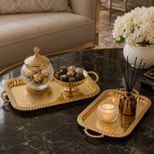 2-Piece Luxury Gold Serving Tray Set with Floral Engraved Design and Decorative Handles