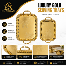 2-Piece Luxury Gold Serving Tray Set with Floral Engraved Design and Decorative Handles