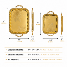 2-Piece Luxury Gold Serving Tray Set with Floral Engraved Design and Decorative Handles
