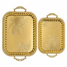 2-Piece Luxury Gold Serving Tray Set with Floral Engraved Design and Decorative Handles