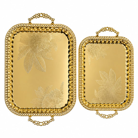 2-Piece Luxury Gold Serving Tray Set with Floral Engraved Design and Decorative Handles