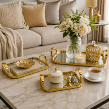 3-Piece Premium Gold Rectangular Decorative Tray Set with Mirrored Glass