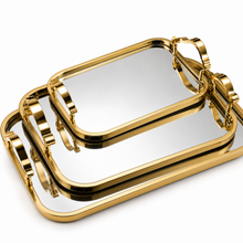 3-Piece Premium Gold Rectangular Decorative Tray Set with Mirrored Glass