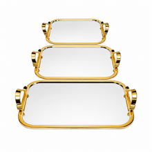 3-Piece Premium Gold Rectangular Decorative Tray Set with Mirrored Glass